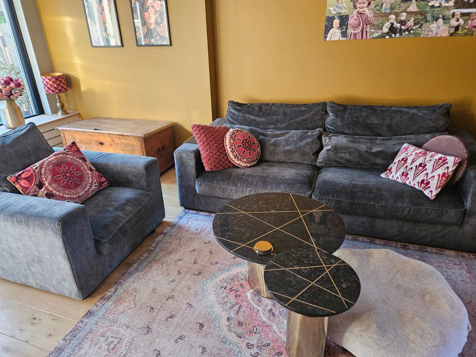 Velvet Groene Loungebank met Losse Stoel, Huis en Inrichting, Banken | Bankstellen, Ophalen, Gebruikt, 100 tot 125 cm, Rechte bank