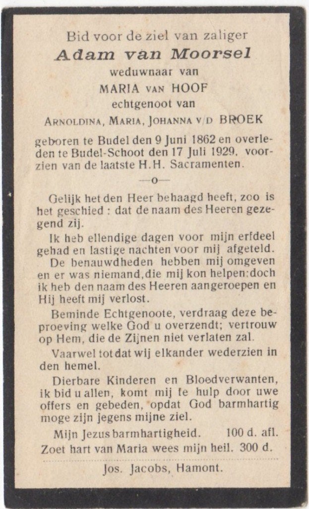 Adam van Moorsel 1862 Budel + 1929 Budel-Schoot, 67 jaar, Ophalen of Verzenden