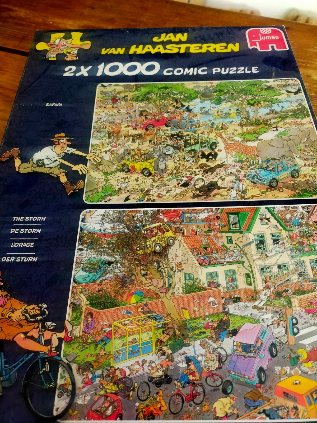 Jan van Haasteren 2x 1000 stukjes: Safari & De Storm, Ophalen of Verzenden, 500 t/m 1500 stukjes, Gebruikt, Legpuzzel