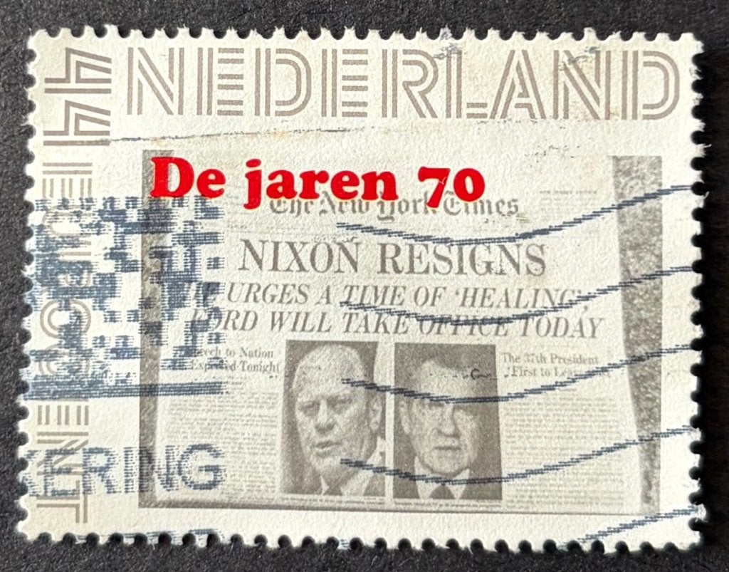 Persoonlijke postzegel Ndl presid. Nixon treedt af jaren 70, Ophalen of Verzenden, Na 1940, Gestempeld