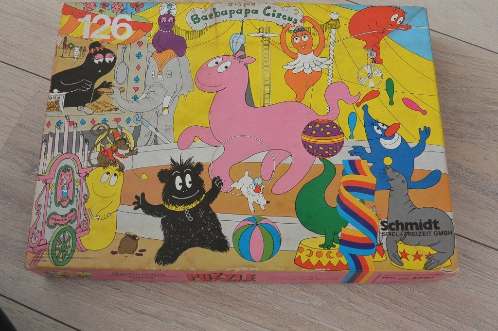 Vintage Barbapapa puzzel - Schmidt, Ophalen of Verzenden, Minder dan 500 stukjes, Gebruikt, Legpuzzel