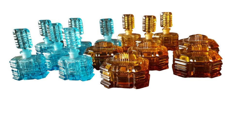 Vintage blauw en amberTsjechisch glas flesjes doosjes, Antiek en Kunst, Ophalen of Verzenden