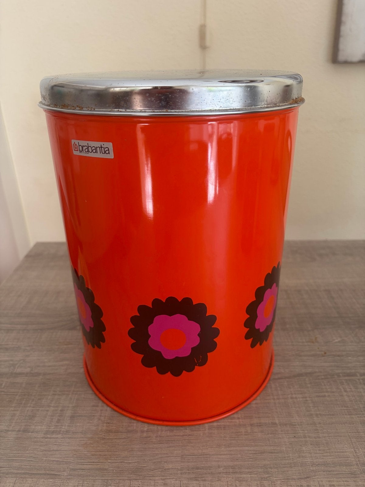 Vintage Brabantia bewaarblik groot formaat oranje bloemen, Ophalen of Verzenden