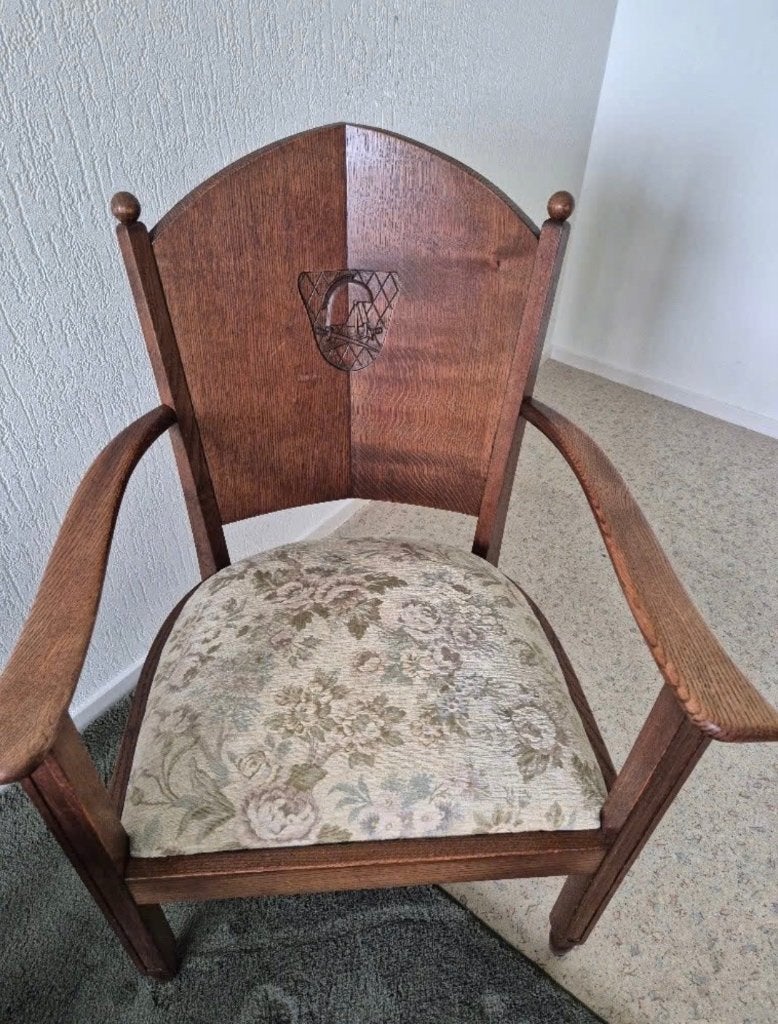 Vintage Eiken Leunstoel met uitneembaar kussen., Huis en Inrichting, Stoelen, Ophalen, Gebruikt, Bruin, Eén