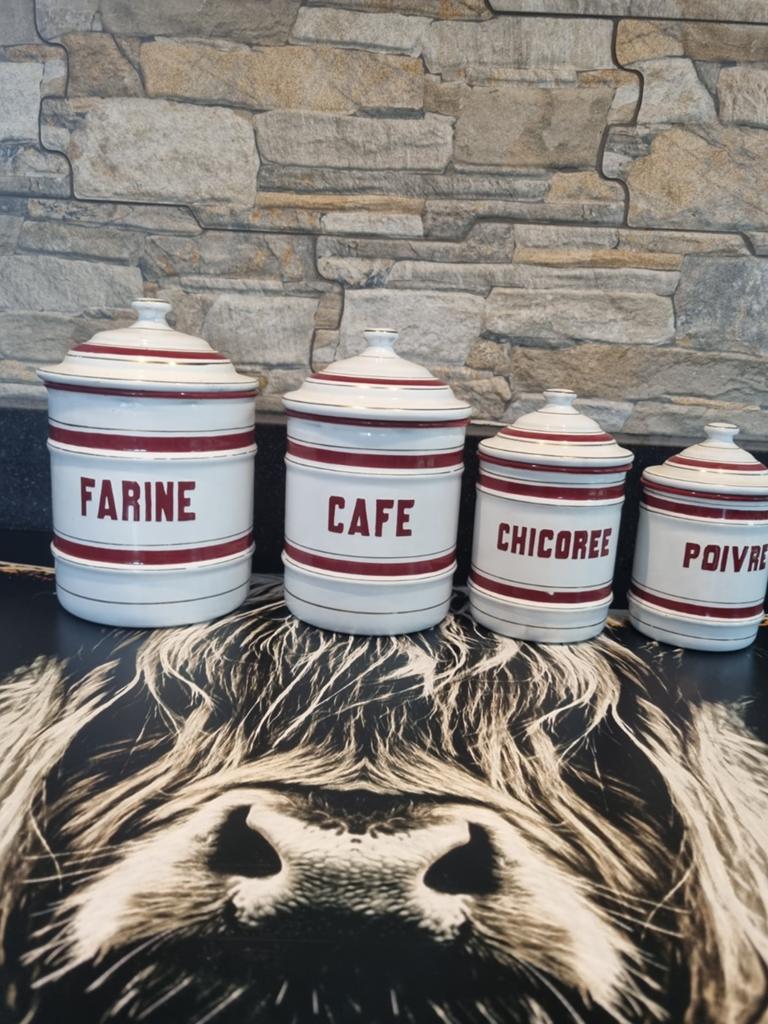 Prachtige emaille bussenset - Farine, Cafe, Chicoree, Poivre, Verzenden