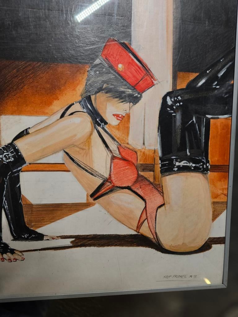 Ingelijste tekening van een vrouw in latex kleding, Ophalen of Verzenden