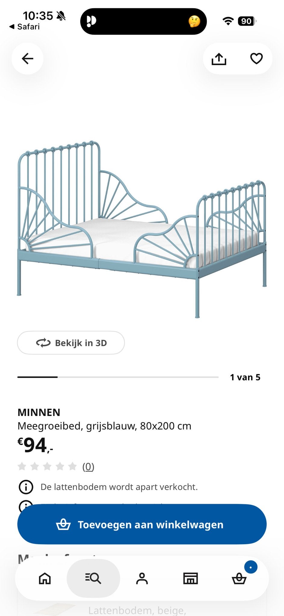 Ikea Minnen grijsblauw meegroeibed met lattenbodem en matras, Ophalen, Gebruikt, 70 tot 85 cm, Lattenbodem