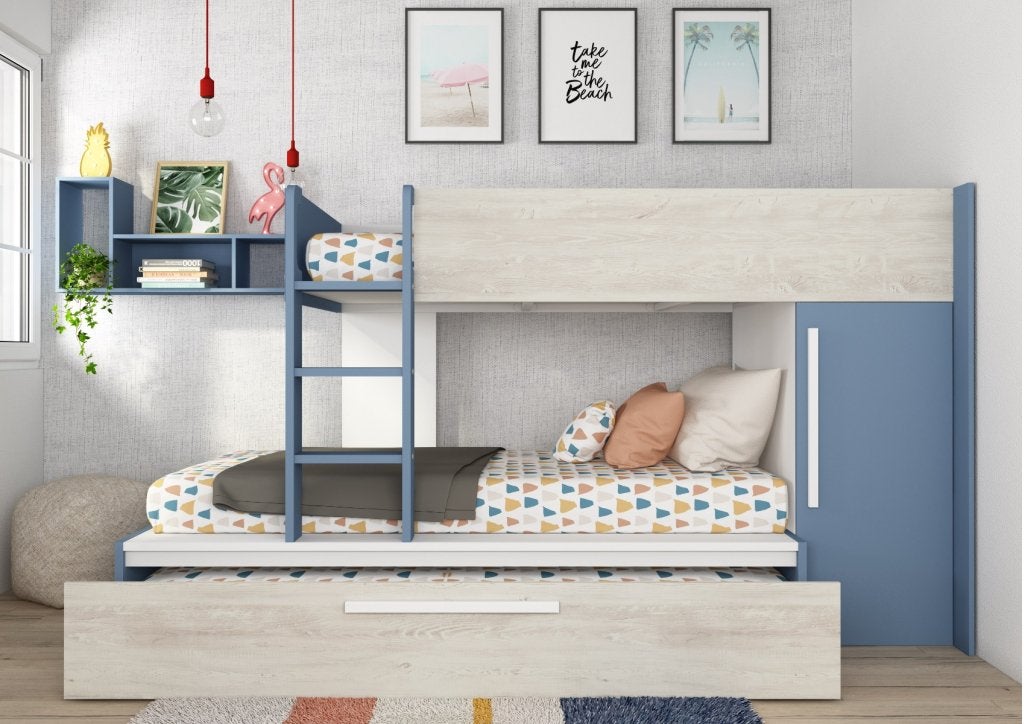 Jules stapelbed met kast en slaaplade - 90x200 - Blauw, Niet ingevuld, Niet ingevuld, Niet ingevuld