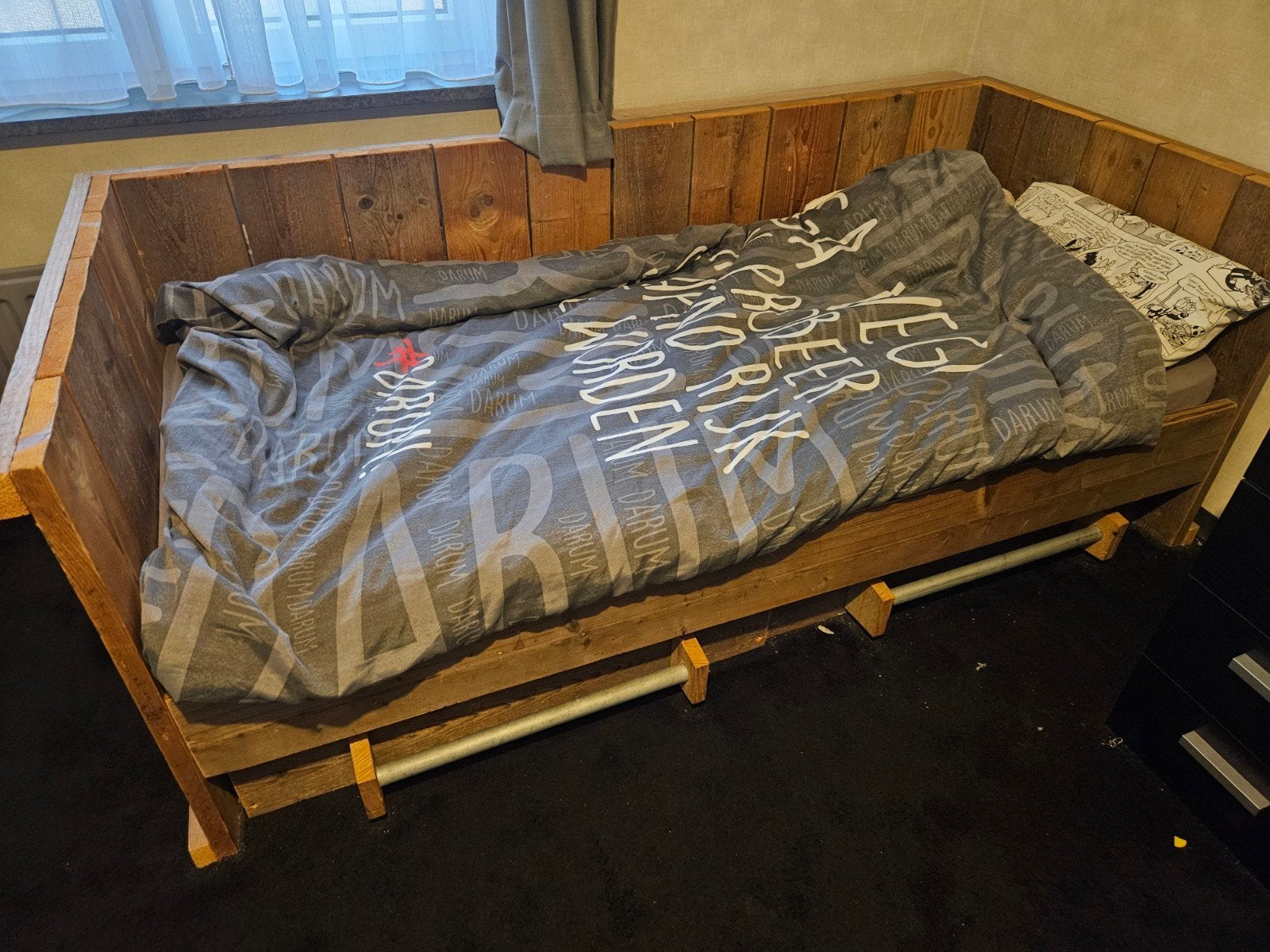Steigerhoutenbed, Ophalen, Gebruikt, 90 cm, Eenpersoons