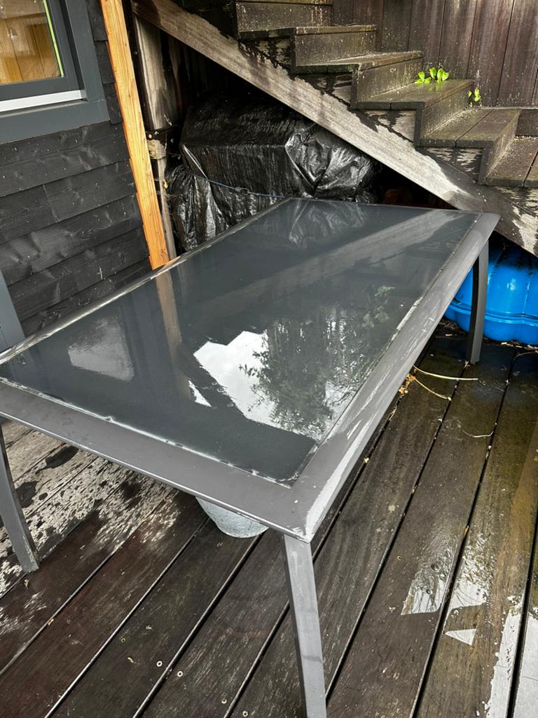 Tuintafel met glasplaat 180x100x70 (lxbxh), Ophalen, Gebruikt, Rechthoekig, Aluminium