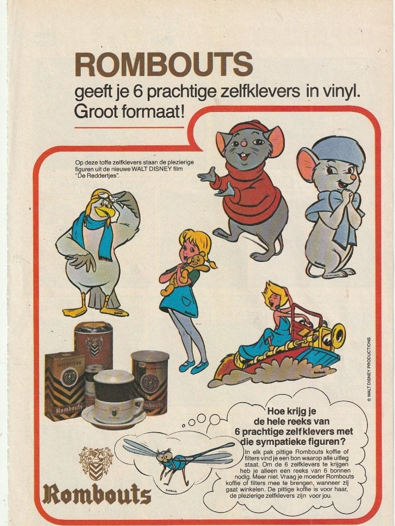 Retro reclame 1974 Rombouts Disney Reddertjes stickers, Verzamelen, Verzenden, Overige typen