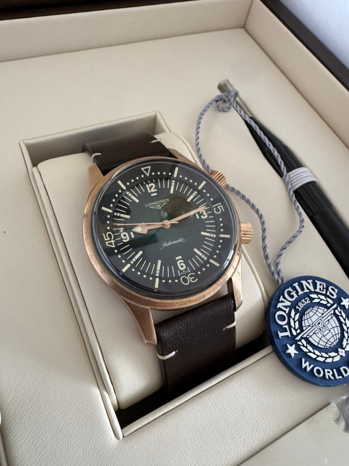 Longines Legend Diver Green/Bronze volledige set!, Overige merken, Overige materialen, Leer, Polshorloge