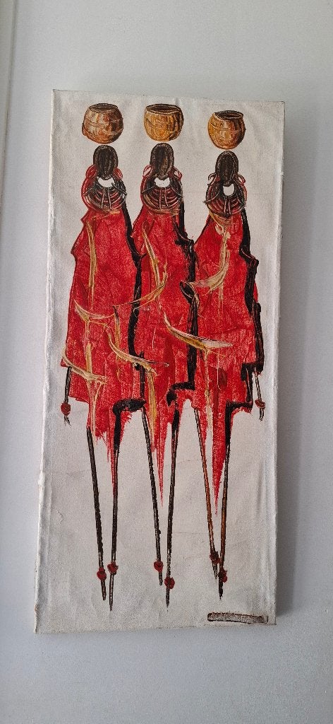 Afrikaans Schilderij op Canvas 3 Figuren met Potten, Antiek en Kunst, Ophangklaar, Overige materialen, Overige technieken, Ophalen