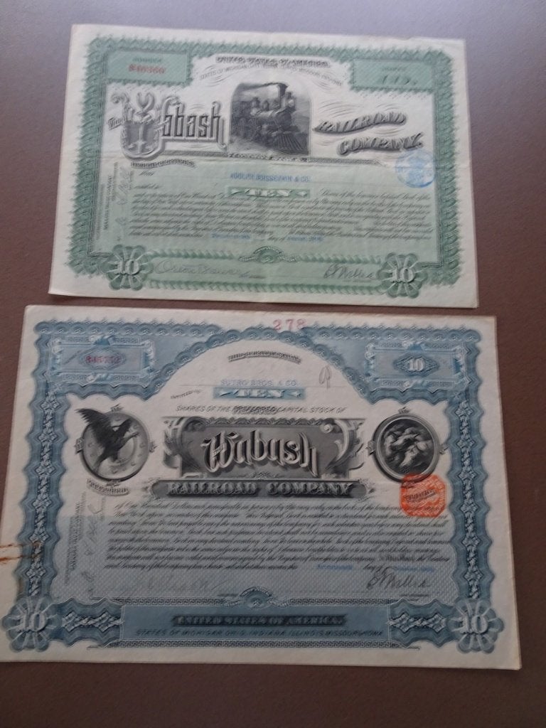 2 verschillende Wabash Railroad Compagny Certificaten1918/23, Ophalen of Verzenden, Aandeel