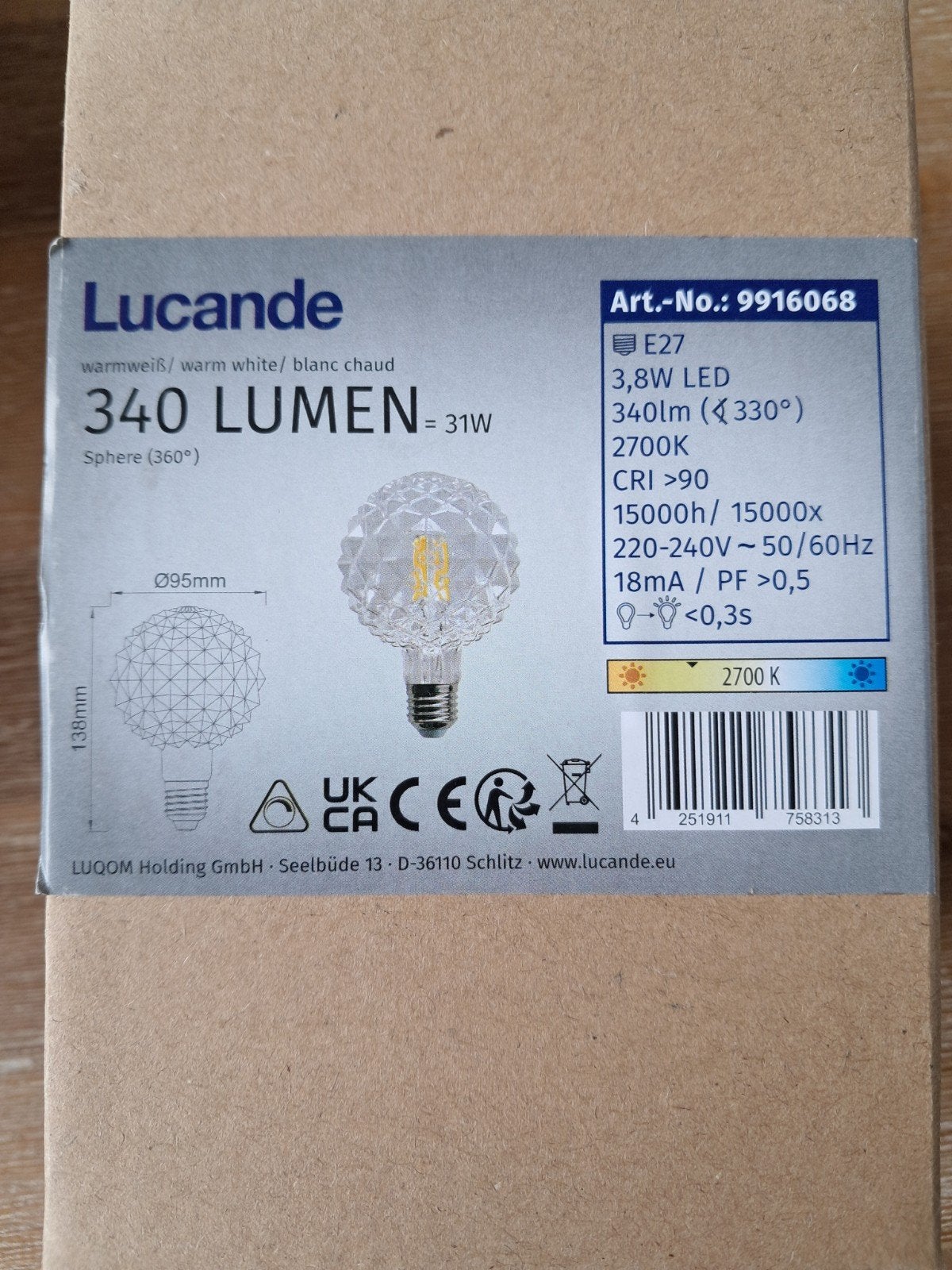 Lucande E27 LED Lamp 340 Lumen Warm Wit 5x, Ophalen, Led-lamp, Nieuw, E27 (groot)