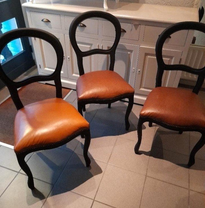 3 x biedermeijer stoelen met leer 75.00 p.s, Huis en Inrichting, Stoelen, Ophalen, Zo goed als nieuw, Leer, Eén