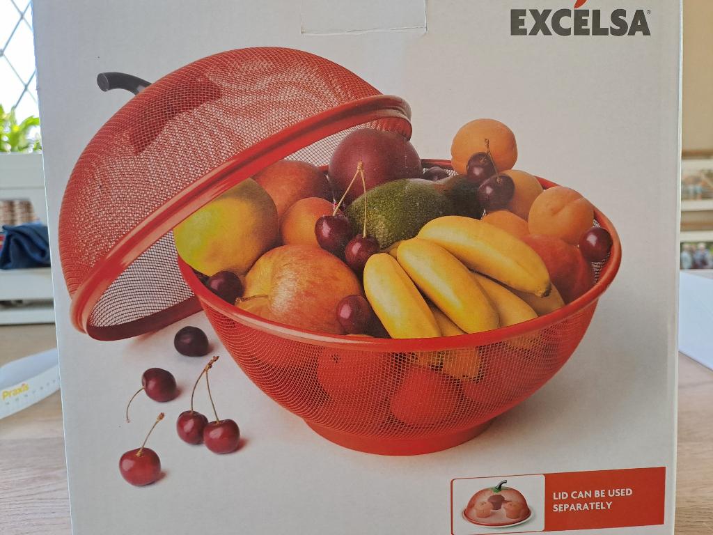 FRUITMAND EXCELSA. MET DEKSEL. ROOD APPELVORMIG., Overige materialen, Mand, Nieuw, Ophalen of Verzenden