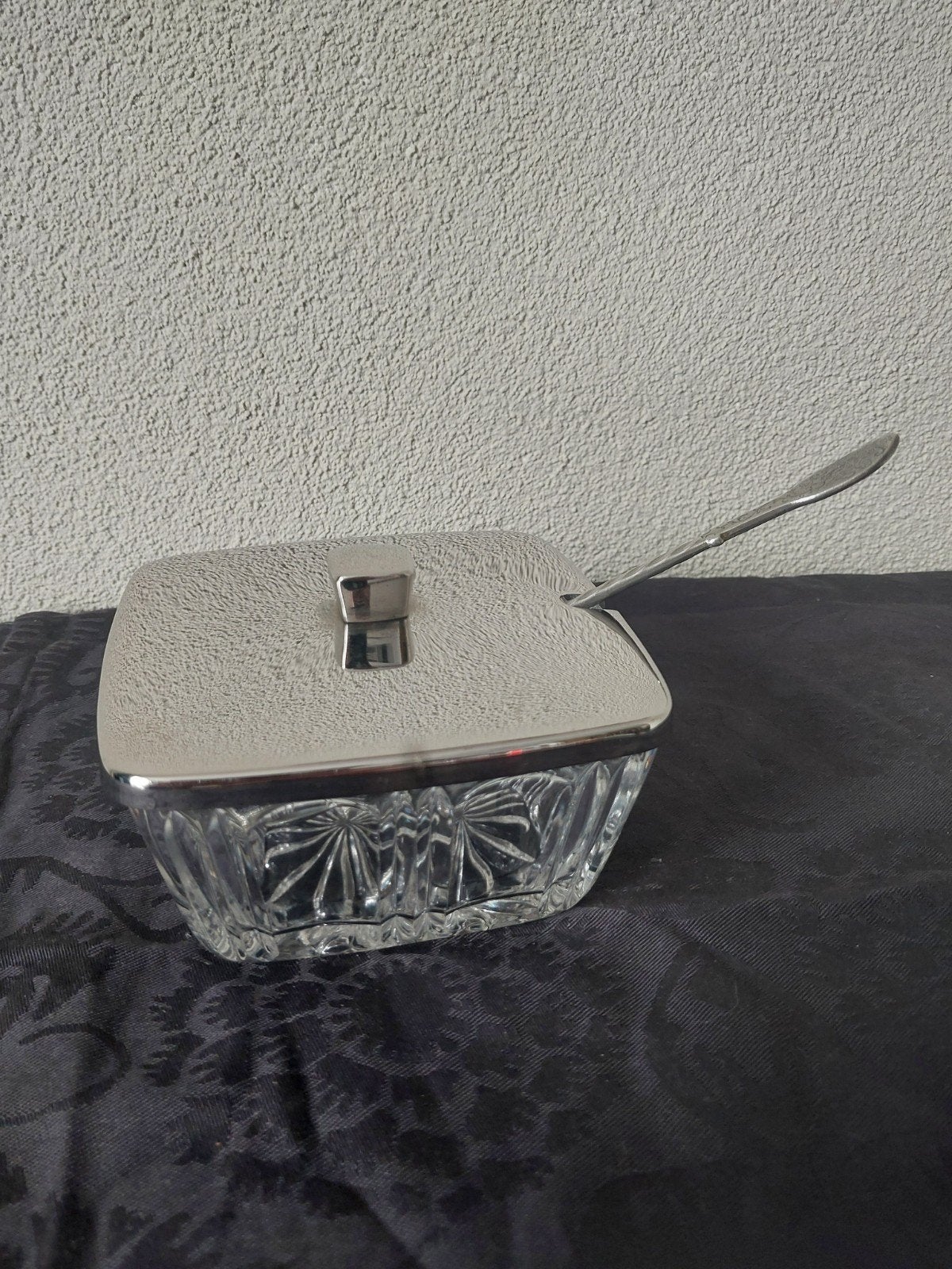 Vintage vierkante glazen suikerpot met chromen deksel, Antiek en Kunst, Ophalen of Verzenden