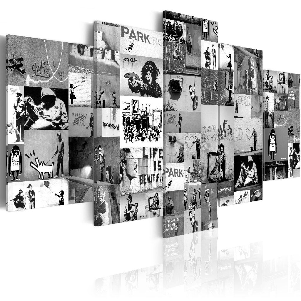 86 Zwart Wit Banksy Collage 5 Luik Canvas Schilderij 200x100, Ophalen of Verzenden
