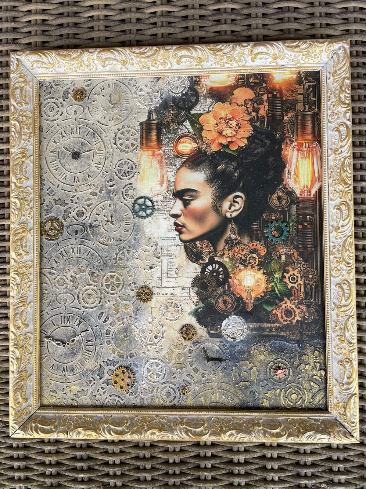 Handgemaakt steampunk schilderij met reliëf en sierlijst, Ophalen