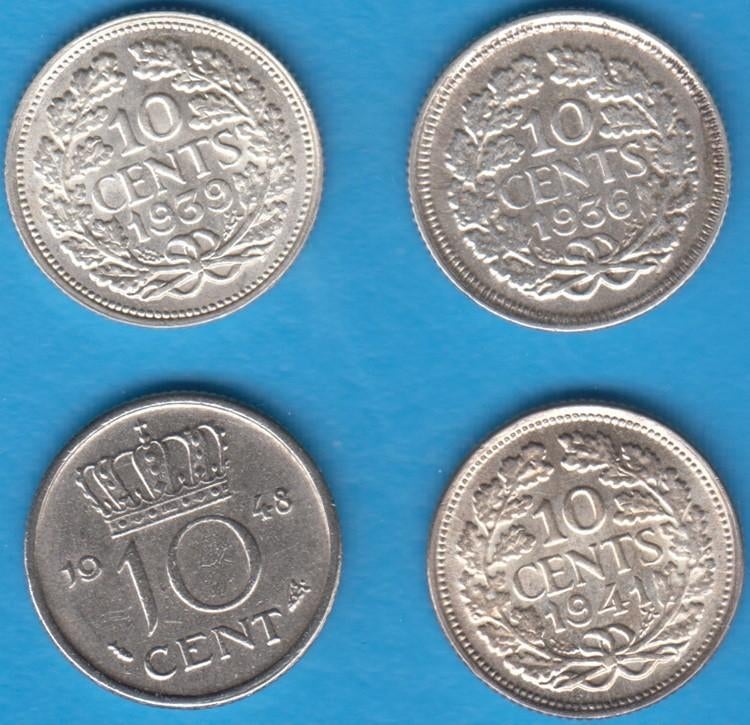 Nederland 10 cent 1936, 1939, 1941 zilver + 1948 Wilhelmina, Postzegels en Munten, Munten | Nederland, Setje, Zilver, Ophalen of Verzenden
