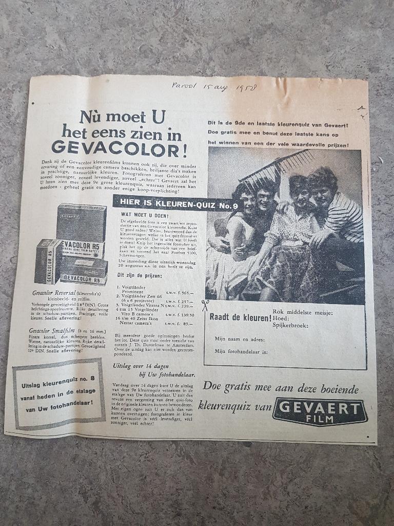 Advertentie Gevacolor film en dia's (1958), Verzamelen, Tijdschriften, Kranten en Knipsels, Ophalen of Verzenden, 1940 tot 1960