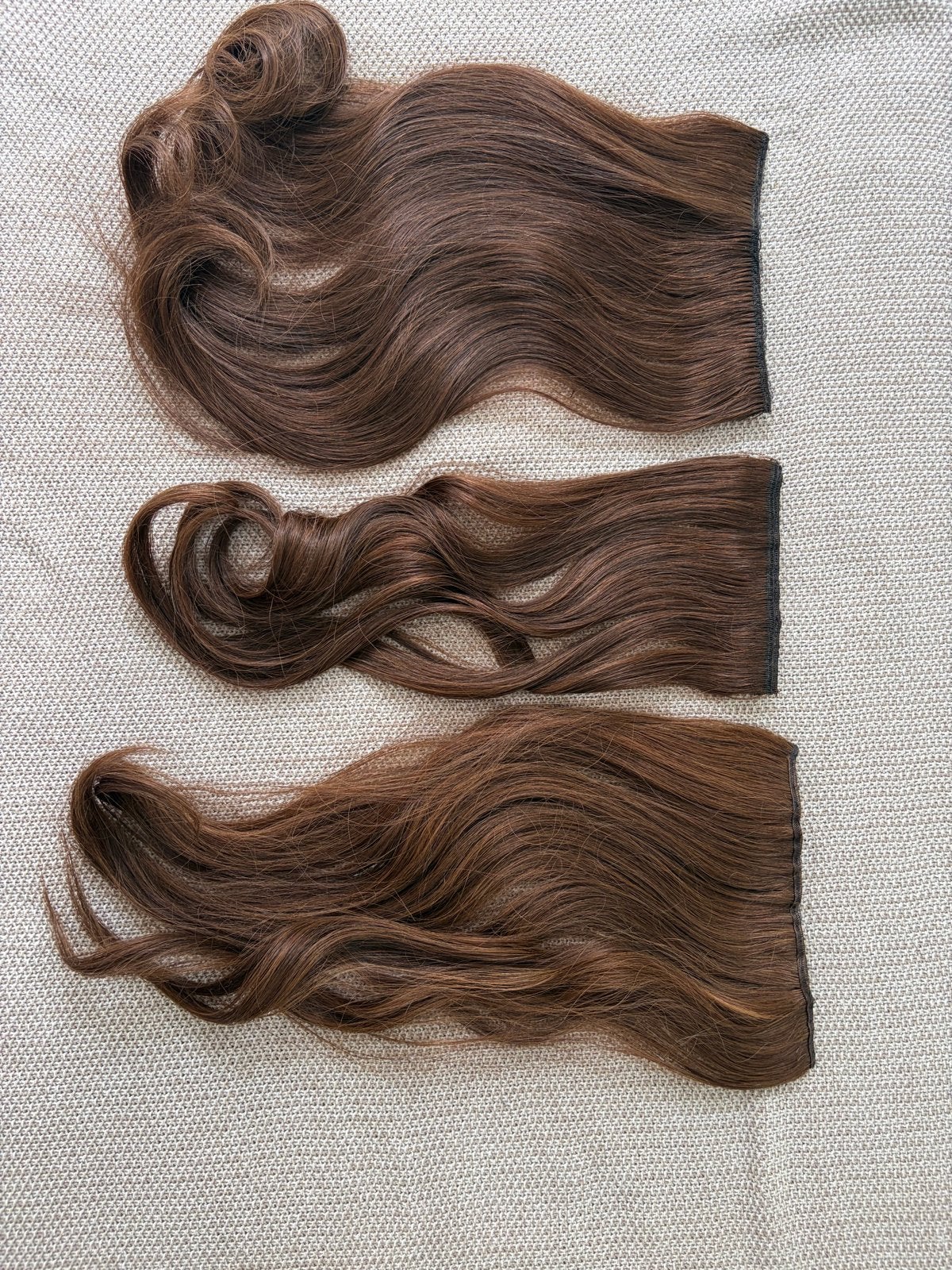 Middenbruine clip-in extensions van echt haar (Braziliaans), Verzenden, Zo goed als nieuw, Pruik of Haarverlenging