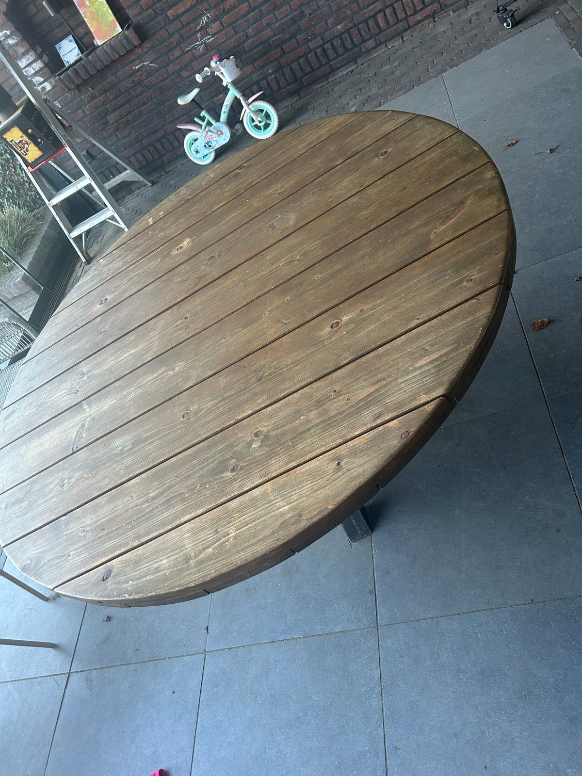 Steigerhout eettafel, Tuin en Terras, Ophalen, Gebruikt, Rond, Hout