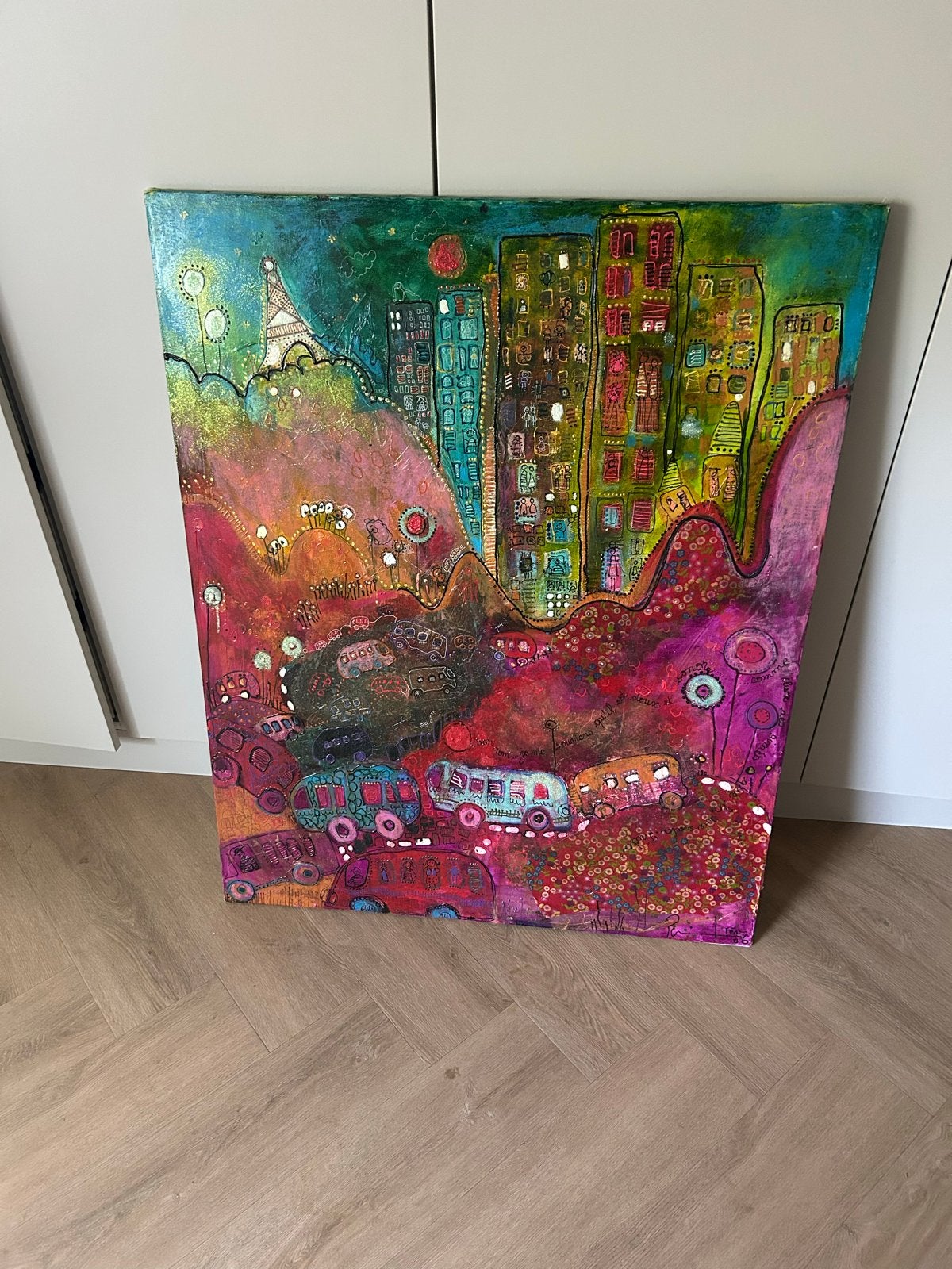 Kleurrijk Stadsgezicht Schilderij - 'Ame en Caravane', Ophalen, Acrylverf, Gesigneerd, Stadsgezicht