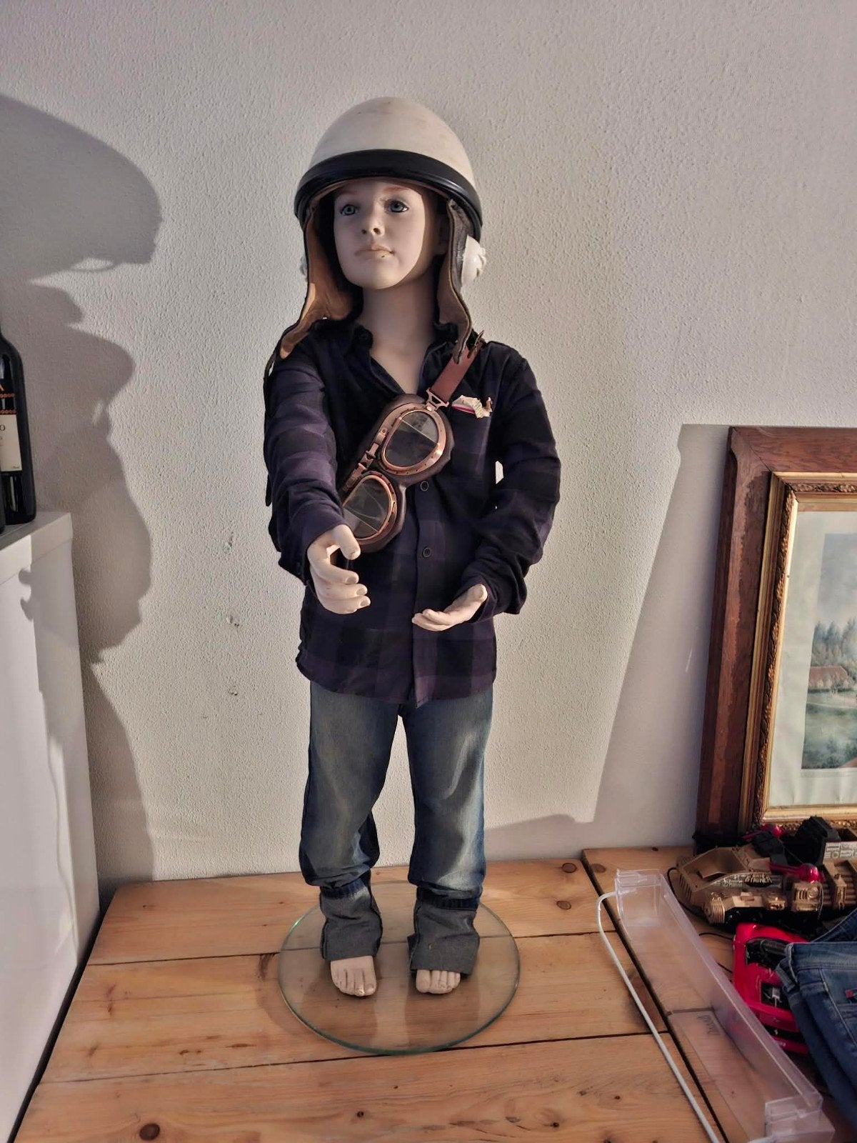 Kinderpaspop met helm en bril vintage, antiek, mannequin pop, Ophalen of Verzenden