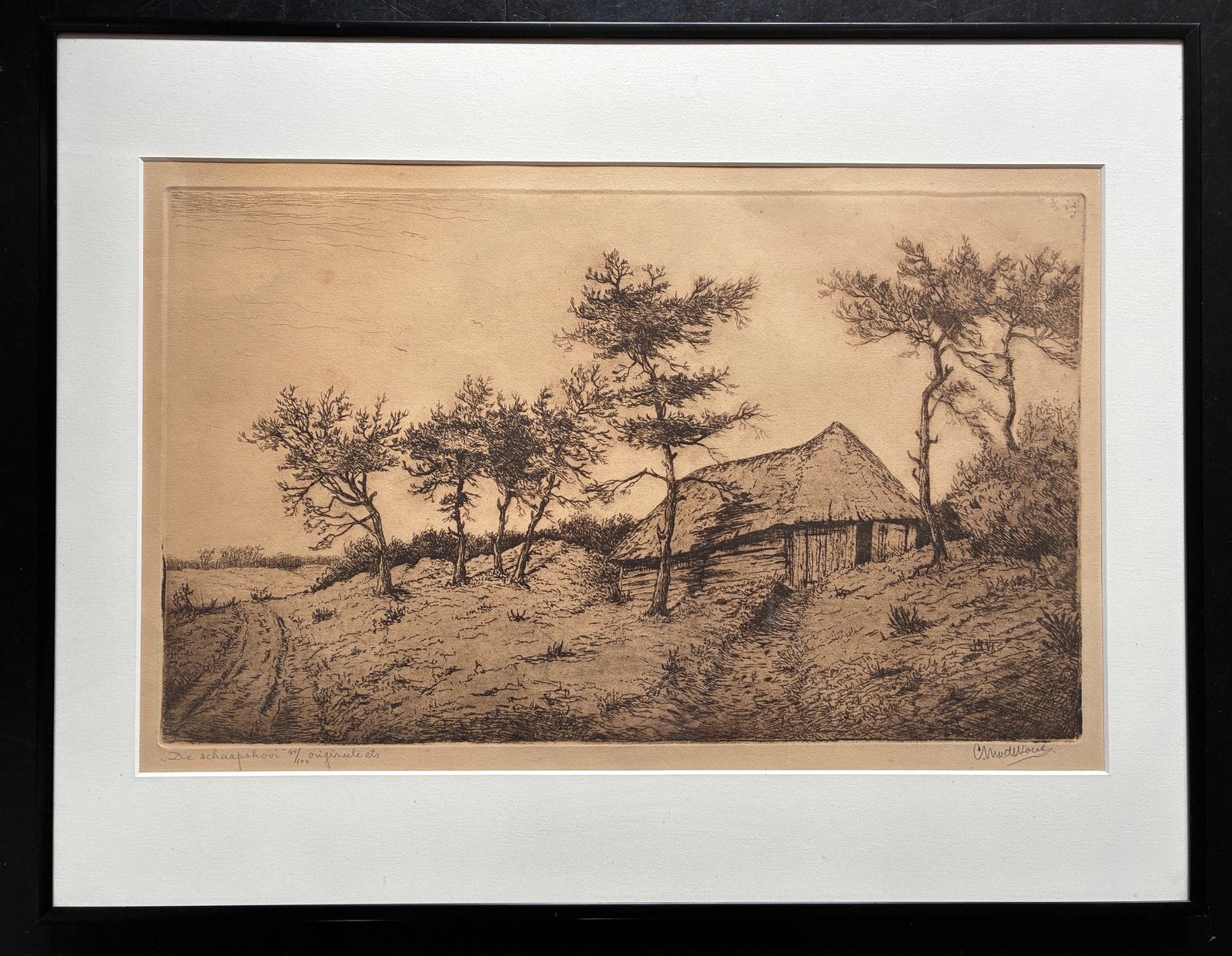 Mooie originele ets C.M. vd Woerd - schaapskooi, Antiek en Kunst, Ophalen