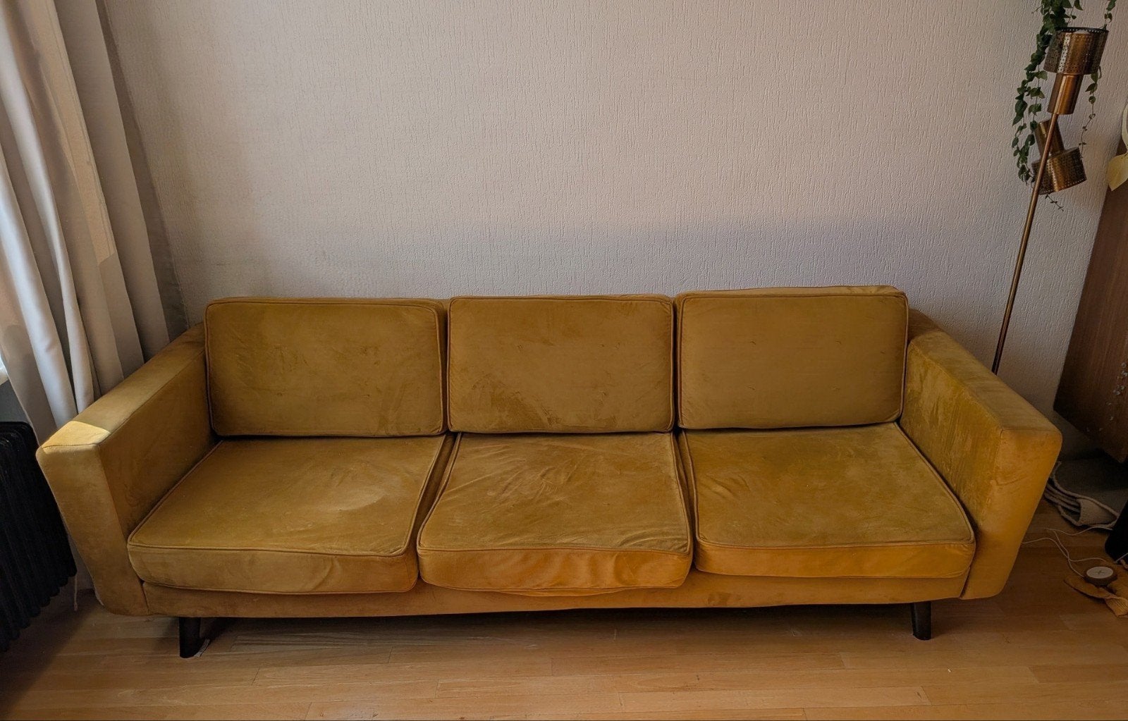 Velours driezitsbank okergeel, Ophalen, Gebruikt, Vintage, Driepersoons