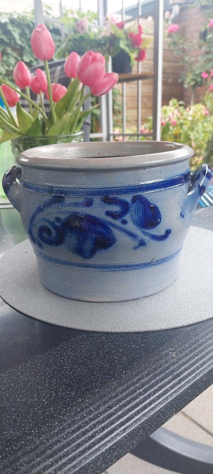 Vintage aardewerk pot met blauw decor - 3 liter, Ophalen of Verzenden