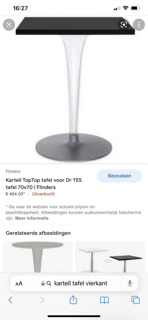 Kartell TopTop tafel 70x70 - Zwart/Transparant, Huis en Inrichting, Tafels | Eettafels, Gebruikt, 50 tot 100 cm, tot twee personen