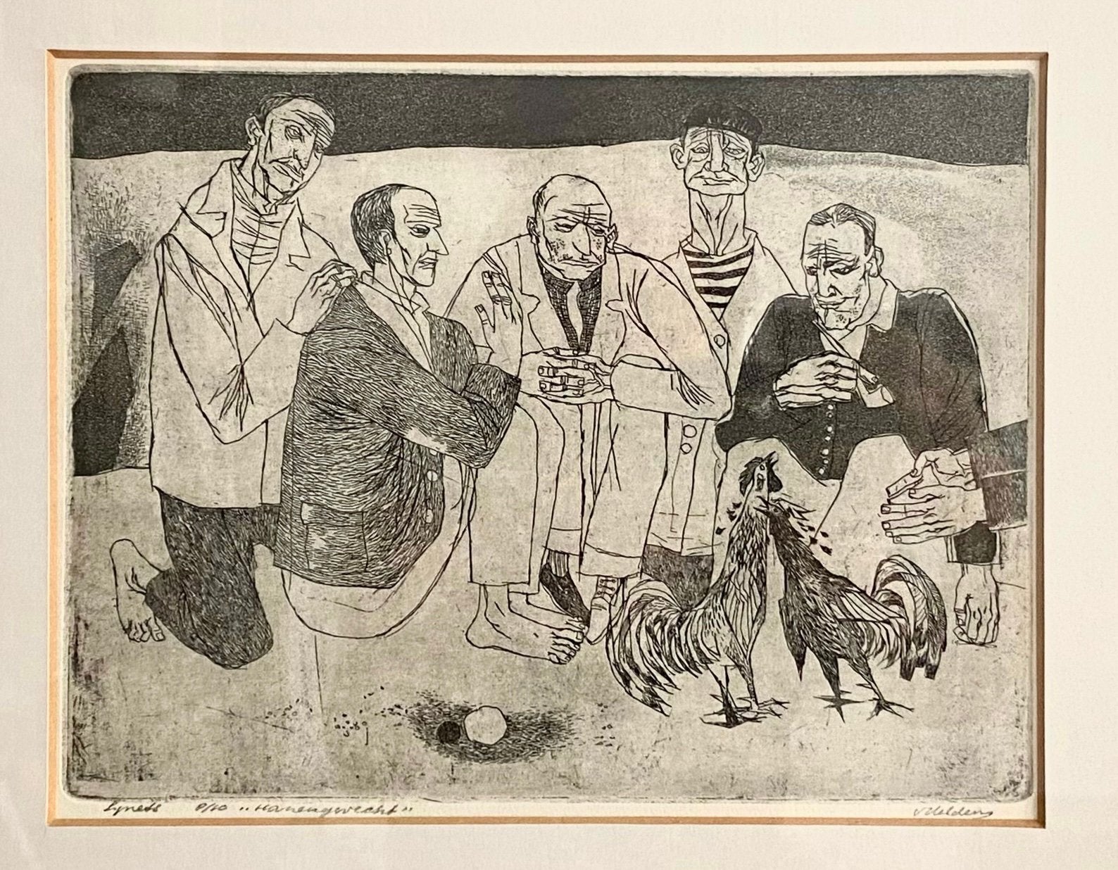Prachtige ets Hanenegevecht door Jan van Helden (1931-2006), Antiek en Kunst, Kunst | Etsen en Gravures, Ingelijst, Ophalen of Verzenden