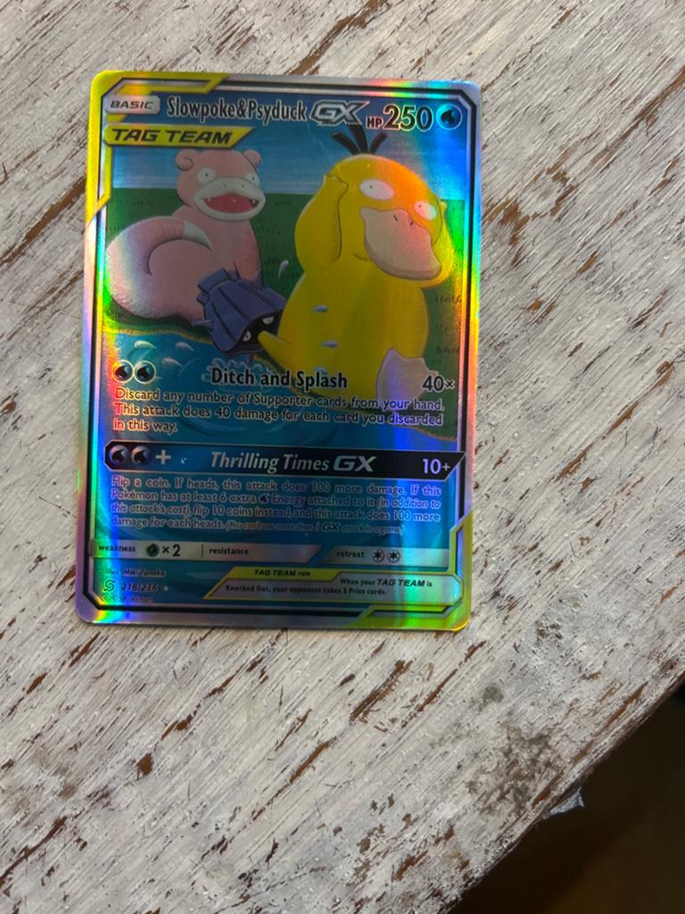 Pokémon Kaart: Slowpoke & Psyduck GX TAG TEAM (Holo), Ophalen of Verzenden, Zo goed als nieuw, Losse kaart, Foil