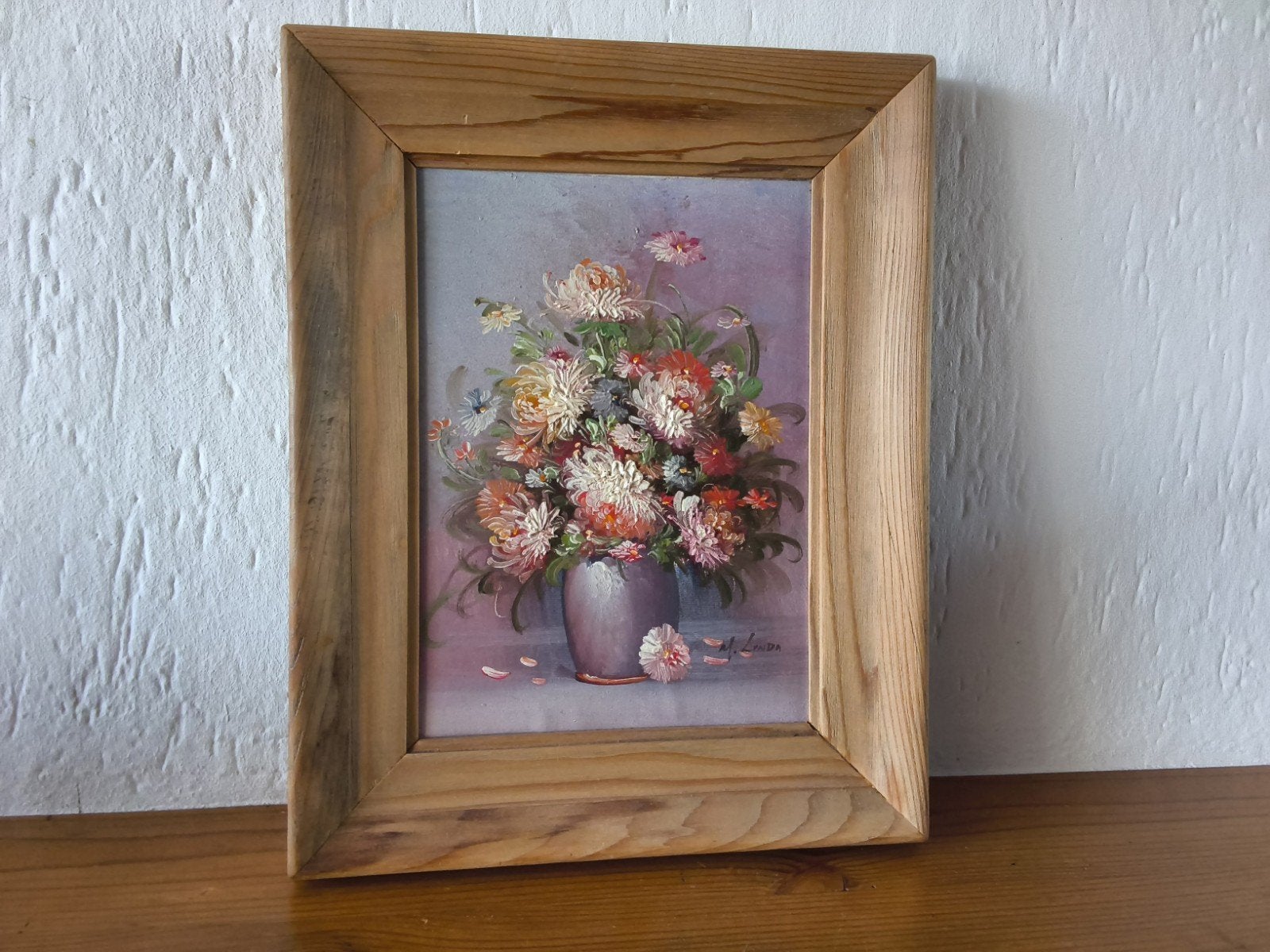 Olieverfschilderij met bloemen in vaas, gesigneerd M. Linda, Bloemen, Doek, Realistisch, Ophalen of Verzenden