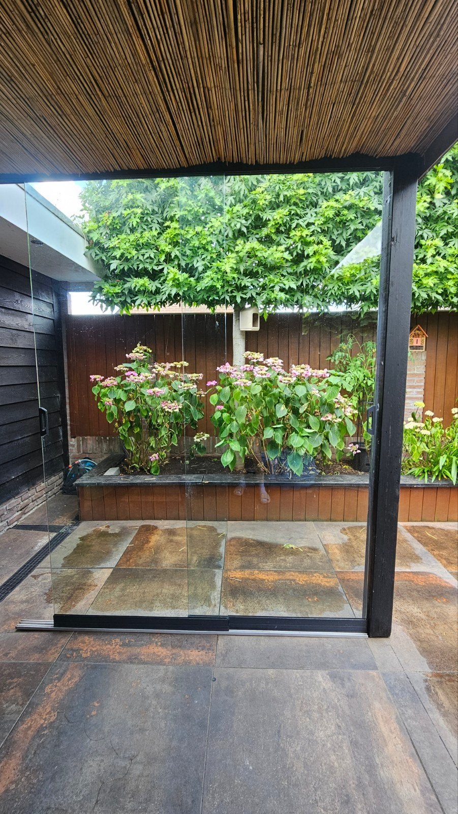 Glazen schuifwand voor terras of overkapping, Doe-het-zelf en Verbouw, Glas en Ramen, Ophalen, Gebruikt, 80 tot 120 cm, 160 cm of meer