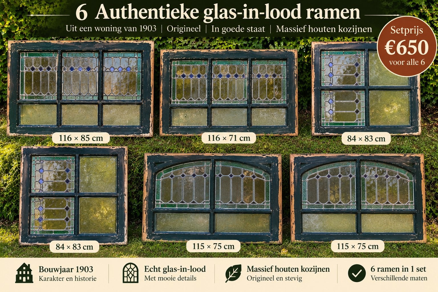 6 authentieke glas-in-loodramen – woning uit 1903 – antiek, Ophalen