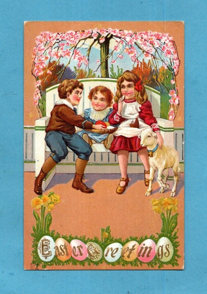 Pracht  paaskaart/reliéf W425 - kinderen/lammetje/bloemen, Verzamelen, Ophalen of Verzenden, Voor 1920, Gelopen, Feest(dag)