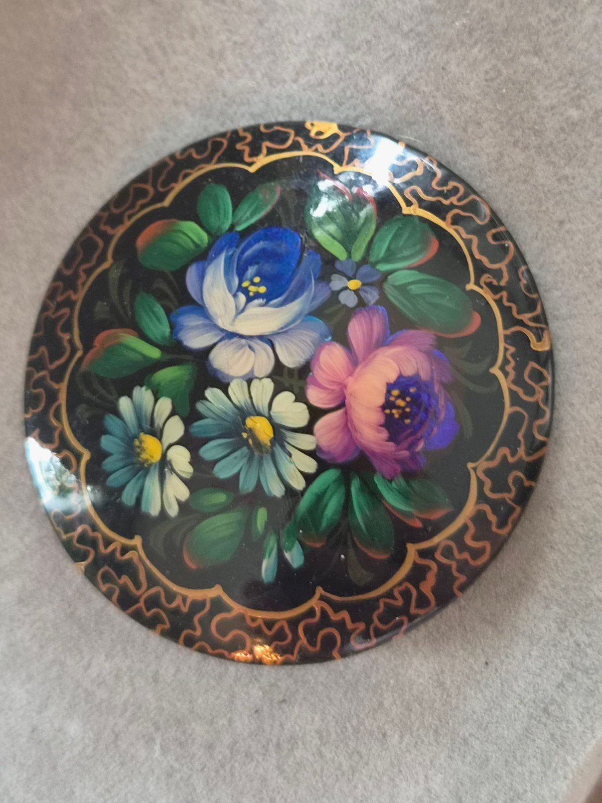 Vintage Russische lak broche, gesigneerd, hout, 5 cm, Overige materialen, 4 tot 7 cm, Gebruikt, Overige kleuren