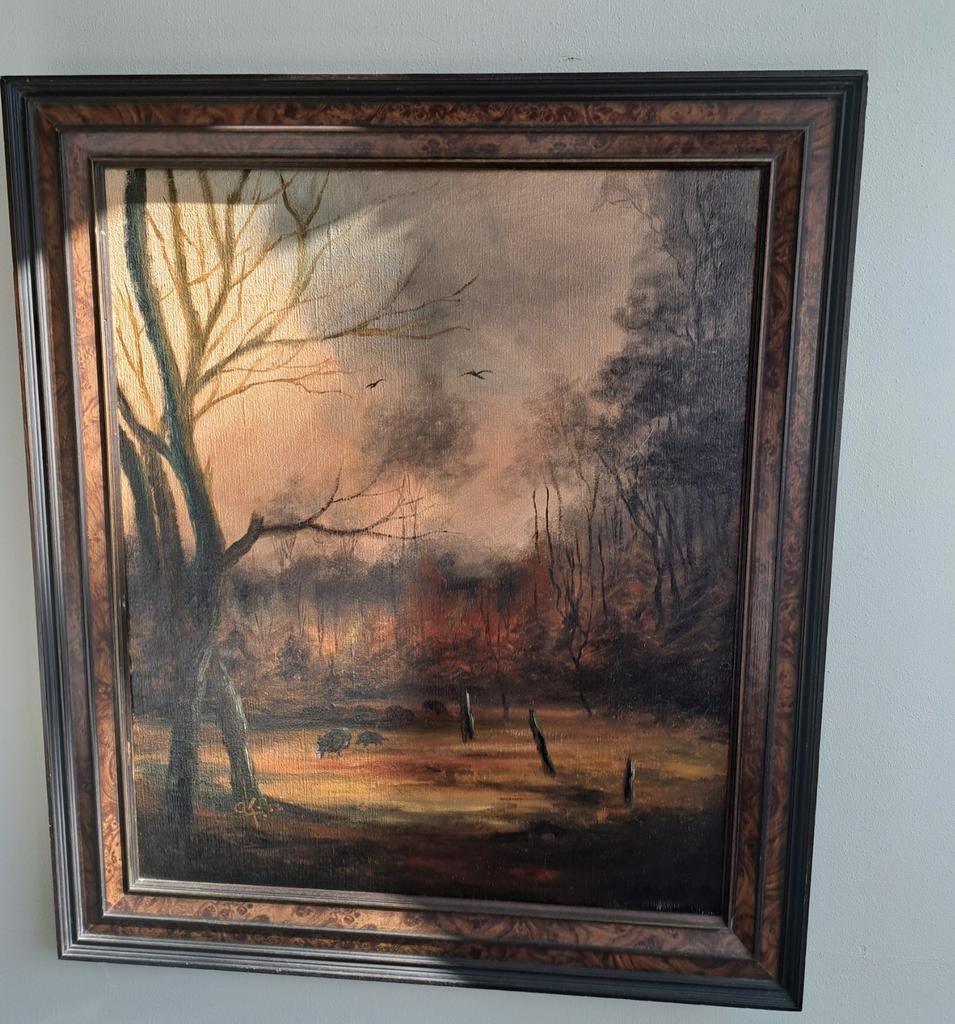 Schilderij met zwijntjes in het bos, Antiek en Kunst, Ophalen of Verzenden