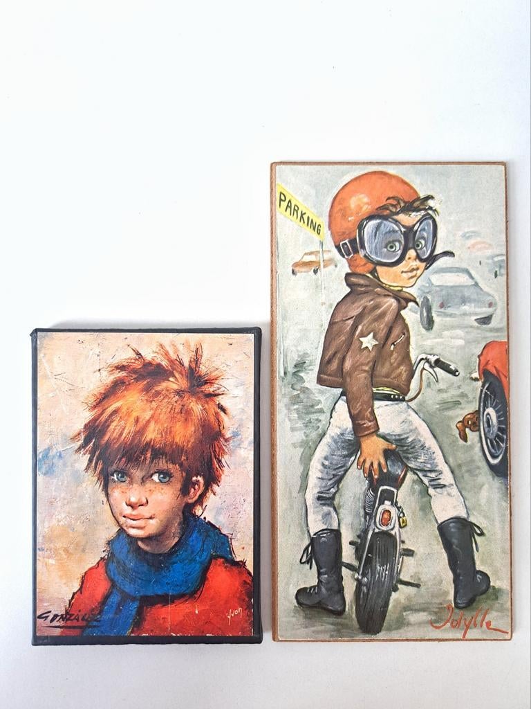Vintage Franse Prentjes Jongens Jaren '60-'70 op Hout, Antiek en Kunst, Kunst | Tekeningen en Foto's, Ophalen of Verzenden