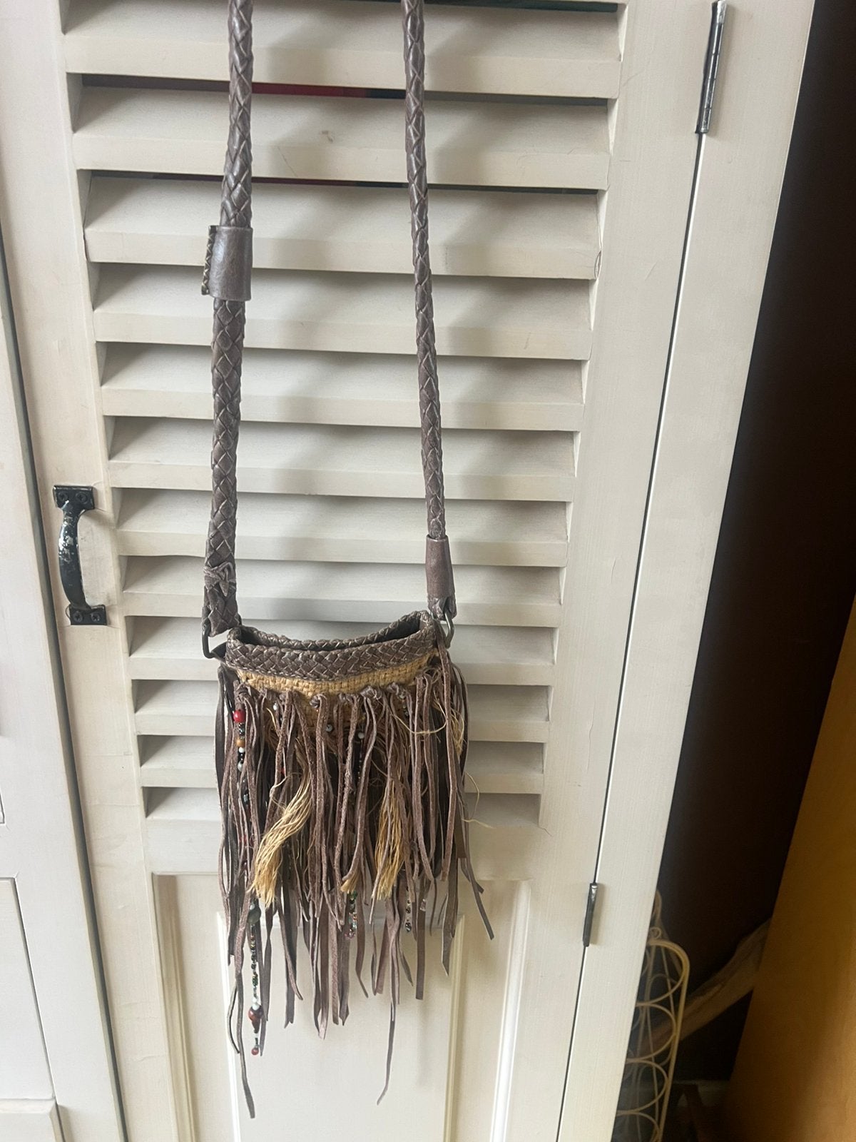 Leren boho  tasje met slingers, Ophalen of Verzenden, Zo goed als nieuw, Schoudertasje