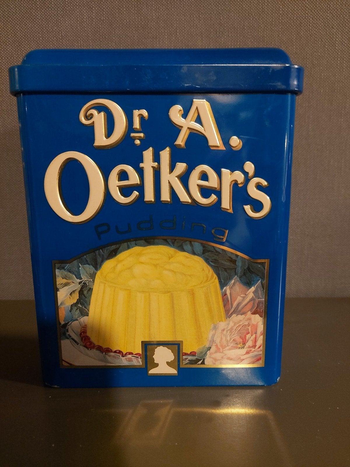 Vintage Dr. Oetker's Pudding Blik - Blauw, Verzamelen, Blikken, Ophalen of Verzenden