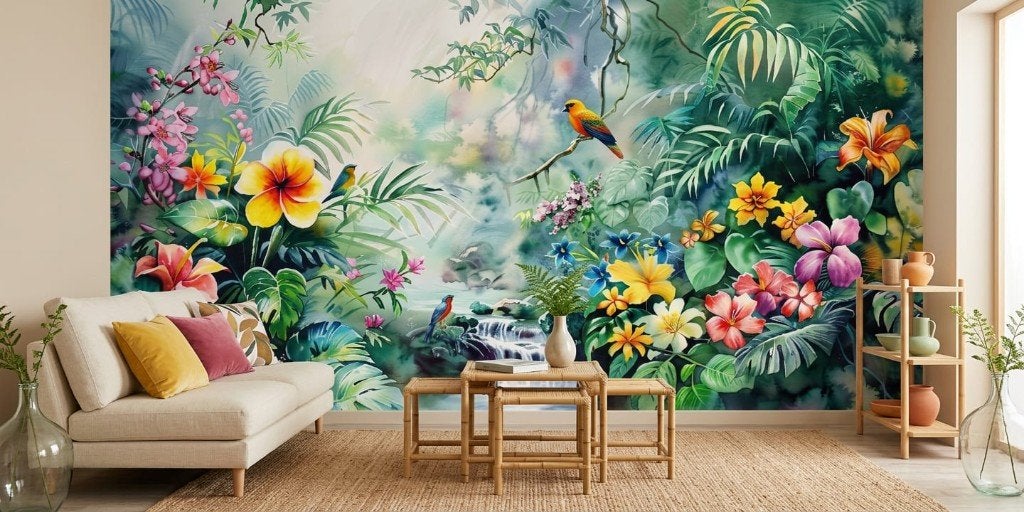 Bloemen behang – tropische tuin met waterval op maat