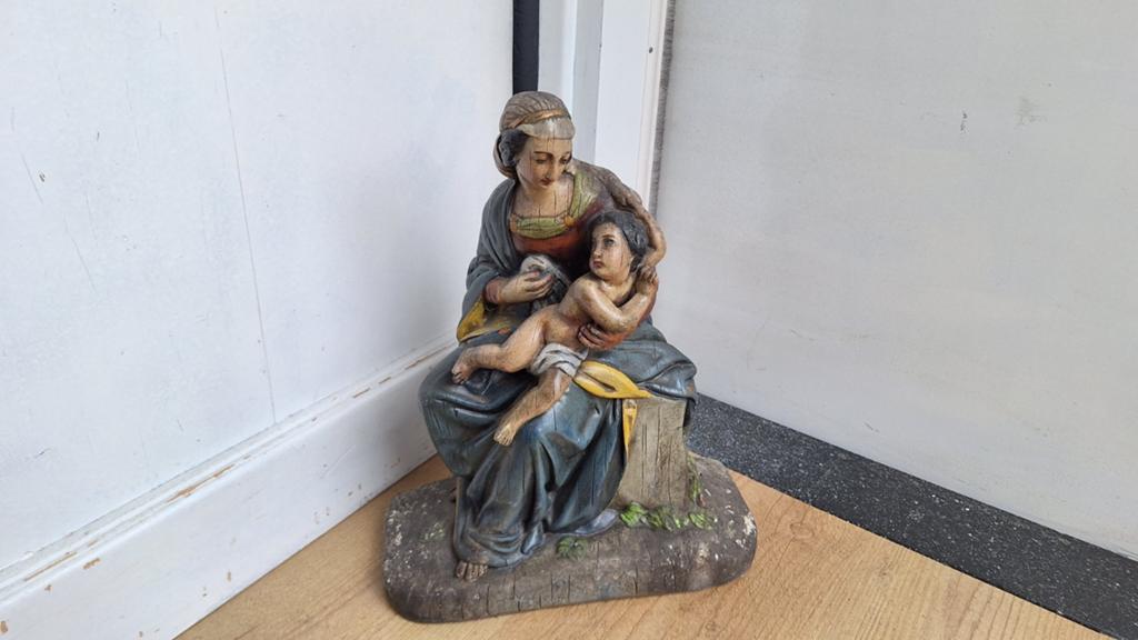 Mooie oude hol gipsen beeld Maria met kindje Jesus, Ophalen of Verzenden
