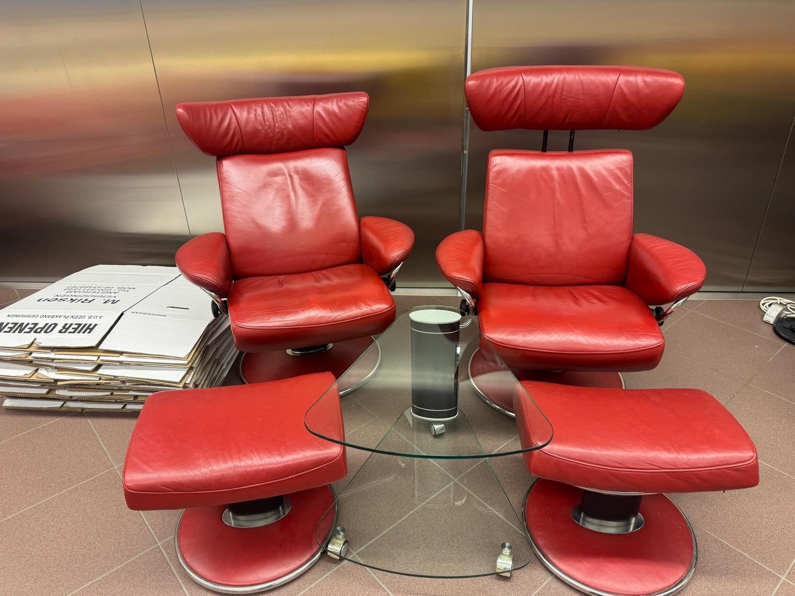 Stressless relaxstoelen, 2 stuks, rood, Huis en Inrichting, Fauteuils, Ophalen, Gebruikt, Leer