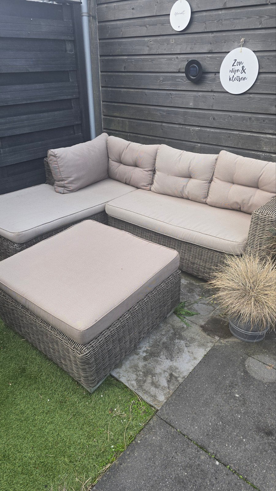 Wicker Loungeset met Kussens - tuinset Hoekbank en Hocker, Tuin en Terras, Ophalen, 5 zitplaatsen, Gebruikt, Bank