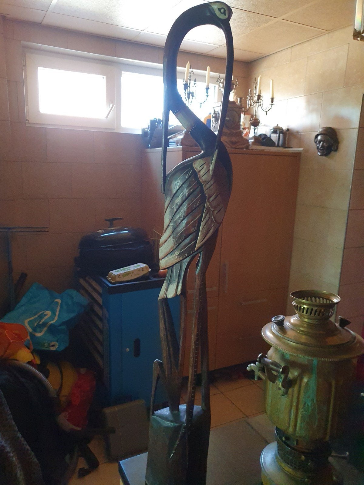 Groot houten beeld van een kraanvogel, Ophalen of Verzenden, Handgemaakt, 1 meter - 2 meter, Beeld